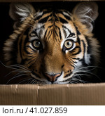 A tiger cub looks out of a cardboard box. a little predator. Generative AI. Стоковое AI-изображение, AI-художник Ирина Ручушкина / Фотобанк Лори