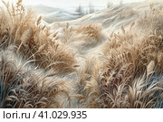 Beautiful landscape with hills and feather grass, watercolor style, Generative AI. Стоковое AI-изображение, AI-художник Анна Кривицкая / Фотобанк Лори