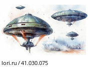 UFO on a white background, watercolor style, Generative AI. Стоковое AI-изображение, AI-художник Анна Кривицкая / Фотобанк Лори