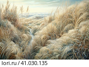 Beautiful landscape with hills and feather grass, watercolor style, Generative AI. Стоковое AI-изображение, AI-художник Анна Кривицкая / Фотобанк Лори