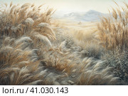Beautiful landscape with hills and feather grass, watercolor style, Generative AI. Стоковое AI-изображение, AI-художник Анна Кривицкая / Фотобанк Лори