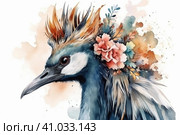 Crowned crane on a white background, watercolor style, Generative AI. Стоковое AI-изображение, AI-художник Анна Кривицкая / Фотобанк Лори
