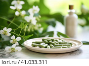 Moringa leaves and moringa tablets on the table. Стоковое AI-изображение, AI-художник Ольга Ильина / Фотобанк Лори