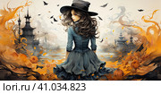 A watercolor picture in the style of Halloween with a girl in a black dress Created by AI. Стоковое AI-изображение, AI-художник Ярославский Максим / Фотобанк Лори
