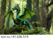 Green wooden dragon symbol of 2024 in the  forest. Стоковое AI-изображение, AI-художник Наталья Симакова / Фотобанк Лори