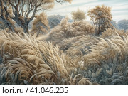Beautiful landscape with hills and feather grass, watercolor style, Generative AI. Стоковое AI-изображение, AI-художник Анна Кривицкая / Фотобанк Лори