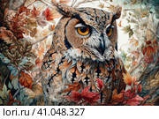 Owl close-up drawing with high detail and many artsy details, watercolor style, Generative AI. Стоковое AI-изображение, AI-художник Анна Кривицкая / Фотобанк Лори