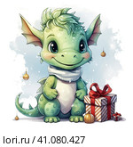 Fantasy cute dragon with christmas hat, ?????????? ????????, New Year 2024. Generative AI. Стоковое AI-изображение, AI-художник Ирина Ручушкина / Фотобанк Лори
