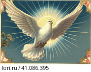 Pentecostal dove. Vintage postcard. Illustration by Generative AI. Стоковое AI-изображение, AI-художник Sergey Kohl / Фотобанк Лори