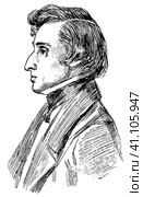 Portrait of Frederic Chopin - a Polish composer and virtuoso pianist of the Romantic era who wrote primarily for solo piano. Illustration of the 19th century. White background. Стоковая иллюстрация, иллюстратор Sergey Kohl / Фотобанк Лори