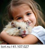Little smiling girl holding a hamster. Стоковое AI-изображение, AI-художник Кирилл Черезов / Фотобанк Лори
