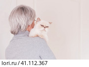 A gray-haired older woman in a gray turtleneck has a cute beige cat on her shoulder. The view from the back. Стоковое фото, фотограф Ирина Кононова / Фотобанк Лори