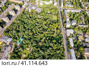Парк посреди городской застройки (Парк Кулибина, Нижний Новгород) с дрона (2022 год). Стоковое фото, фотограф Илья Старков / Фотобанк Лори