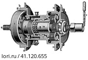 Double-ratio freewheel hub by Eadie. Publication of the book "Meyers Konversations-Lexikon", Volume 2, Leipzig, Germany, 1910. Стоковая иллюстрация, иллюстратор Sergey Kohl / Фотобанк Лори