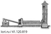 Hydrochloric Acid Factory. Publication of the book "Meyers Konversations-Lexikon", Volume 2, Leipzig, Germany, 1910. Стоковая иллюстрация, иллюстратор Sergey Kohl / Фотобанк Лори