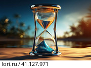 Time is running fast. Hourglass with blue sand inside in mature woman's hand symbolize the brevity of life. Background is sea with beautiful sunlights. Concept of the rapid passage of time.Copy space. Стоковое AI-изображение, AI-художник Ирина Михайличенко / Фотобанк Лори