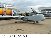 BERLIN, GERMANY - APRIL 25, 2018: Unmanned aerial vehicle IAI Heron (Machatz-1). Exhibition ILA Berlin Air Show 2018. Редакционное фото, фотограф Sergey Kohl / Фотобанк Лори