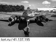 BERLIN, GERMANY - JUNE 02, 2016: Fighter aircraft Messerschmitt Me 262 B-1a "Schwalbe". Modern replica by Airbus Group. Black and white. Exhibition ILA Berlin Air Show 2016. Редакционное фото, фотограф Sergey Kohl / Фотобанк Лори