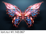 Pink and blue neon geo-symmetric wings on a fark background. Futuristic shape, abstract modeling. Generative Ai. Стоковое AI-изображение, AI-художник Виталий Сова / Фотобанк Лори