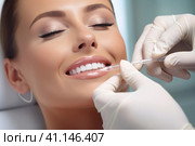 A beautiful girl is injected with botox in the lips. Стоковое AI-изображение, AI-художник Поликарпов Владимир Владимирович / Фотобанк Лори