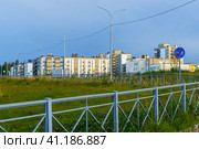 Вид на микрорайон Скандинавия на окраине города Петрозаводска летом, огорожен металлическим забором (2023 год). Редакционное фото, фотограф Sergei Gorin / Фотобанк Лори
