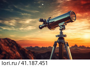 The telescope stands in nature in the evening. Стоковое AI-изображение, AI-художник Поликарпов Владимир Владимирович / Фотобанк Лори