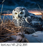 Полярная сова (Snowy owl, Bubo scandiacus, Nyctea scandiaca). Generative AI. Стоковое AI-изображение, AI-художник Щеголева Ольга / Фотобанк Лори