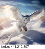Полярная сова охотится (Snowy owl, Bubo scandiacus, Nyctea scandiaca). Generative AI. Стоковое AI-изображение, AI-художник Щеголева Ольга / Фотобанк Лори