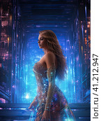 A cyber goddess emerging from her pixelated, psychedelic, digital space. Стоковое AI-изображение, AI-художник Ярославский Максим / Фотобанк Лори