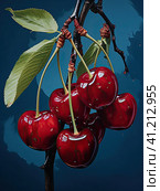Juicy string of ripe cherries on a dark blue color. Generated by AI. Стоковое AI-изображение, AI-художник Ярославский Максим / Фотобанк Лори