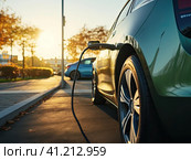 The electric car is charging near the speaker. Generated by AI. Стоковое AI-изображение, AI-художник Ярославский Максим / Фотобанк Лори