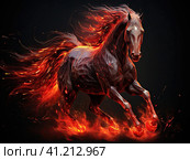 A black horse, a ghost, a flowing black mane, fierce, flaming red eyes, is engulfed in flames. Generated by AI. Стоковое AI-изображение, AI-художник Ярославский Максим / Фотобанк Лори