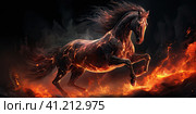 A black horse, a ghost, a flowing black mane, fierce, flaming red eyes, is engulfed in flames. Generated by AI. Стоковое AI-изображение, AI-художник Ярославский Максим / Фотобанк Лори