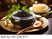 Cavia Bowl on Gold Plate with Spoon. Стоковое AI-изображение, AI-художник Поликарпов Владимир Владимирович / Фотобанк Лори