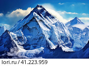 Snow-covered Mountain Under Blue Sky. Стоковое AI-изображение, AI-художник Поликарпов Владимир Владимирович / Фотобанк Лори