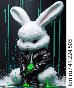 Белый пушистый кролик в костюме из черного латекса. White Fluffy Rabbit in a Black Latex Costume AI generated. Стоковое AI-изображение, AI-художник Алексей Траст / Фотобанк Лори