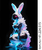 Белый пушистый кролик в костюме из черного латекса. White Fluffy Rabbit in a Black Latex Costume AI generated. Стоковое AI-изображение, AI-художник Алексей Траст / Фотобанк Лори