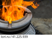 Firewood is being burned in tandoor heating it before roasting barbeque at night. Tandoor is a special spherical or pitcher-shaped grill for cooking a variety of food among the peoples of Asia. В тандыре сжигают дрова, разогревая их перед приготовлением шашлыка на ночь. Тандыр - это специальный гриль сферической или кувшинообразной формы для приготовления разнообразных блюд у народов Азии. Стоковое фото, фотограф Дмитрий Березнев / Фотобанк Лори