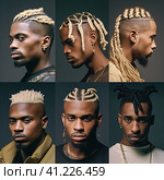 Stylish dreadlock hairstyles from the African American men's catalog. Стоковое AI-изображение, AI-художник Юрий Поздников / Фотобанк Лори