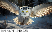 Полярная сова охотится (Snowy owl, Bubo scandiacus, Nyctea scandiaca). Generative AI. Стоковое AI-изображение, AI-художник Щеголева Ольга / Фотобанк Лори