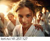 A group of teenage wrestlers in a kimono. Стоковое AI-изображение, AI-художник Кирилл Черезов / Фотобанк Лори