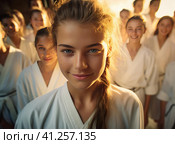 A group of teenage wrestlers in a kimono. Стоковое AI-изображение, AI-художник Кирилл Черезов / Фотобанк Лори