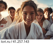 A group of teenage wrestlers in a kimono. Стоковое AI-изображение, AI-художник Кирилл Черезов / Фотобанк Лори