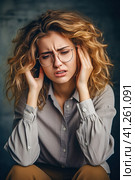 Upset woman supports her head with her hand. Poor health, grief, sadness. Стоковое AI-изображение, AI-художник Юрий Поздников / Фотобанк Лори