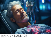 A man in an operating chair with thoracic vascular disease. Laser therapy. Стоковое AI-изображение, AI-художник Юрий Поздников / Фотобанк Лори