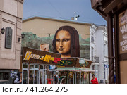 Graffiti depicting Leonardo da Vinci's Mona Lisa on the pedestrian Bauman Street. Russia, Republic of Tatarstan, Kazan, September 2023. Редакционное фото, фотограф Photojuli / Фотобанк Лори