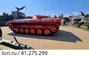 BMP-1 infantry fighting vehicle, painted in traditional Russian folk style, on the territory of the military-patriotic exhibition of military equipment Kamensk-Shakhstinsk, Patriot Park (2023) Редакционное фото, фотограф Анна Кривицкая / Фотобанк Лори