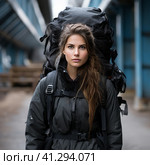 Sporty american woman backpacking. Стоковое фото, фотограф Данил Руденко / Фотобанк Лори