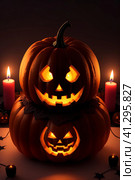 Halloween - annually October 31. One of the most famous attributes is the pumpkin lantern, or Jack's lamp — it is a hollow pumpkin, on which an ominous grimace is carved, and a candle is placed inside. Стоковое AI-изображение, AI-художник Сергей Елизарьев / Фотобанк Лори