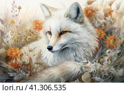 White fox among the grass in autumn, watercolor style, Generative AI. Стоковое AI-изображение, AI-художник Анна Кривицкая / Фотобанк Лори